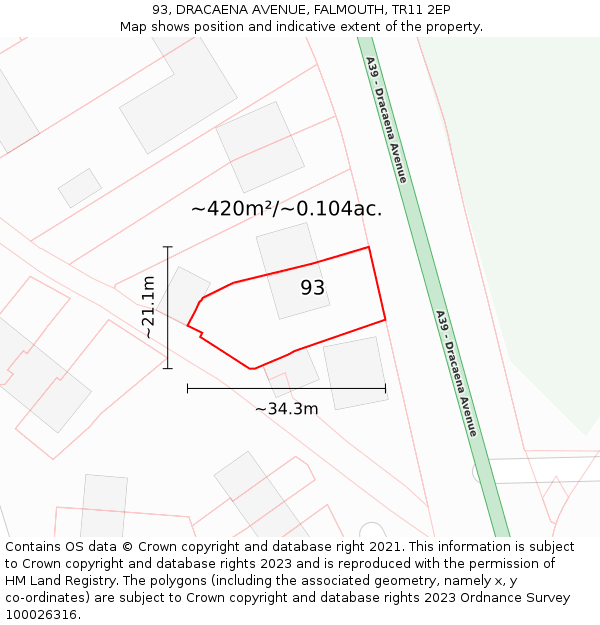 93, DRACAENA AVENUE, FALMOUTH, TR11 2EP: Plot and title map