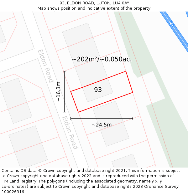 93, ELDON ROAD, LUTON, LU4 0AY: Plot and title map