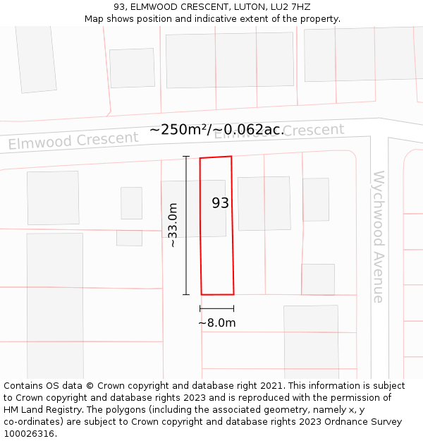 93, ELMWOOD CRESCENT, LUTON, LU2 7HZ: Plot and title map