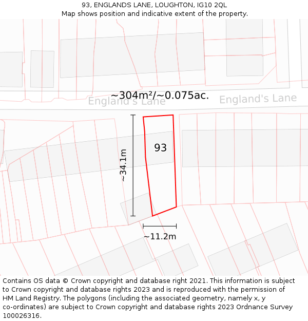 93, ENGLANDS LANE, LOUGHTON, IG10 2QL: Plot and title map