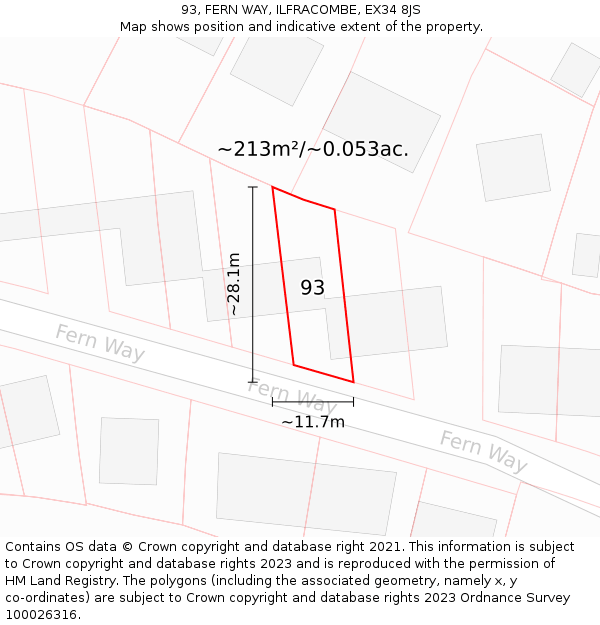 93, FERN WAY, ILFRACOMBE, EX34 8JS: Plot and title map