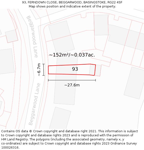 93, FERNDOWN CLOSE, BEGGARWOOD, BASINGSTOKE, RG22 4SF: Plot and title map