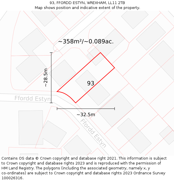 93, FFORDD ESTYN, WREXHAM, LL11 2TB: Plot and title map