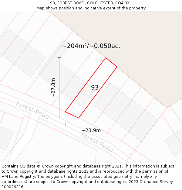 93, FOREST ROAD, COLCHESTER, CO4 3XH: Plot and title map