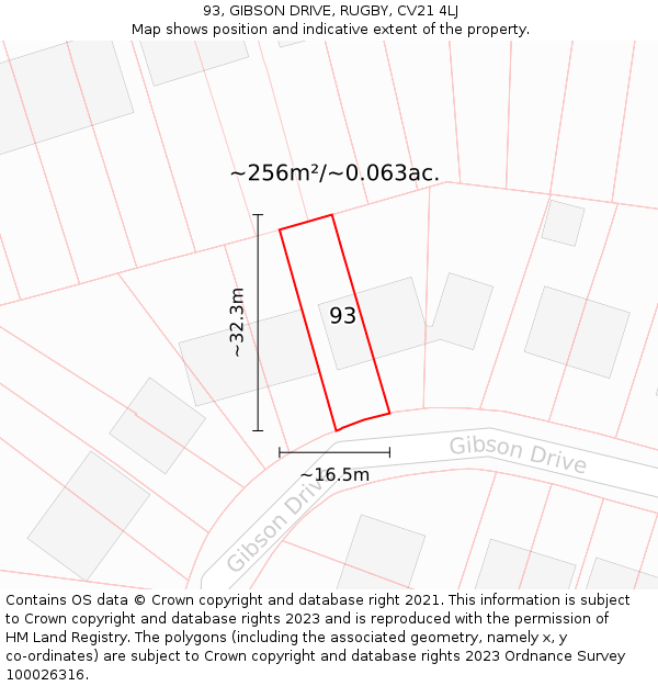 93, GIBSON DRIVE, RUGBY, CV21 4LJ: Plot and title map