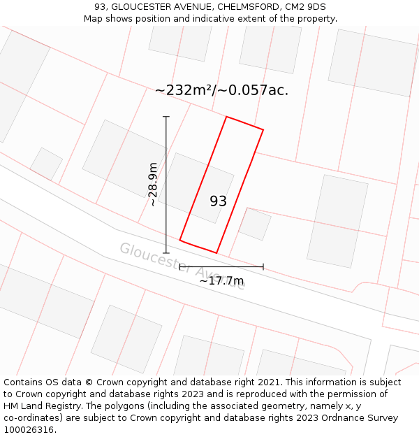 93, GLOUCESTER AVENUE, CHELMSFORD, CM2 9DS: Plot and title map