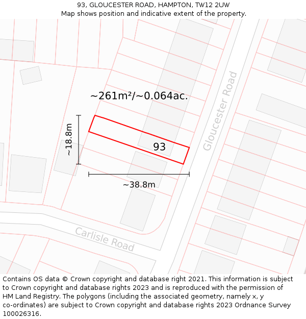 93, GLOUCESTER ROAD, HAMPTON, TW12 2UW: Plot and title map