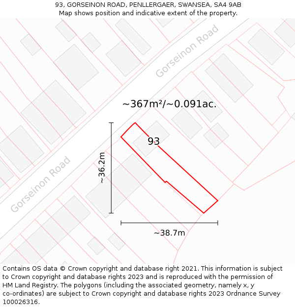 93, GORSEINON ROAD, PENLLERGAER, SWANSEA, SA4 9AB: Plot and title map