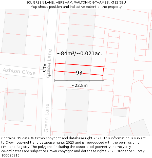 93, GREEN LANE, HERSHAM, WALTON-ON-THAMES, KT12 5EU: Plot and title map