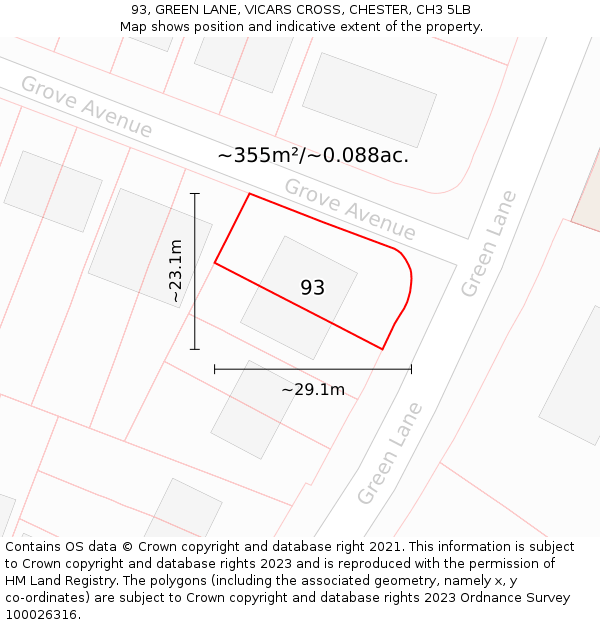 93, GREEN LANE, VICARS CROSS, CHESTER, CH3 5LB: Plot and title map