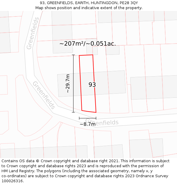 93, GREENFIELDS, EARITH, HUNTINGDON, PE28 3QY: Plot and title map