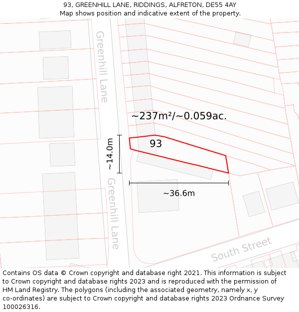 93, GREENHILL LANE, RIDDINGS, ALFRETON, DE55 4AY: Plot and title map