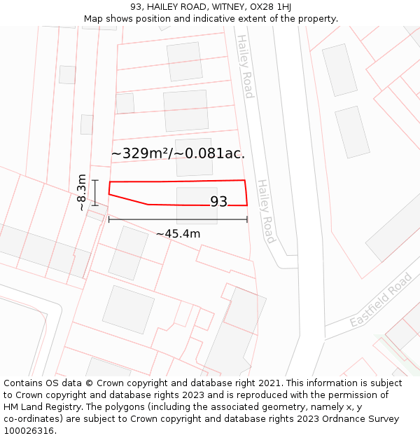 93, HAILEY ROAD, WITNEY, OX28 1HJ: Plot and title map