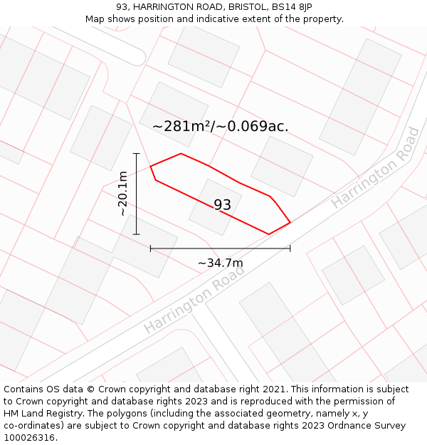 93, HARRINGTON ROAD, BRISTOL, BS14 8JP: Plot and title map