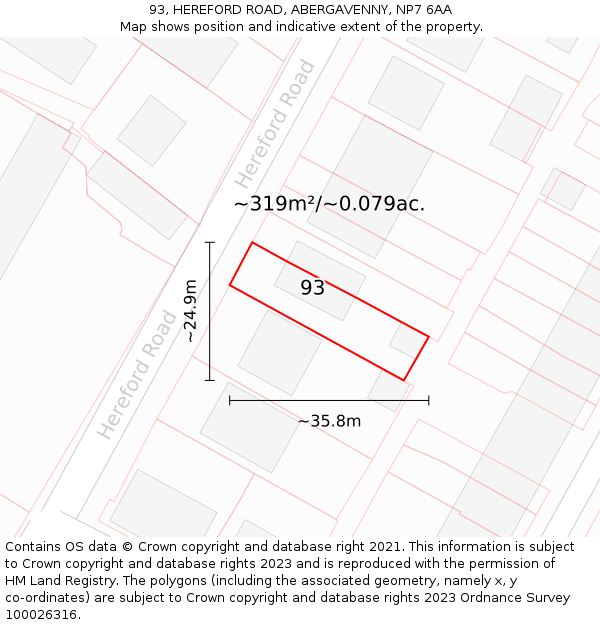 93, HEREFORD ROAD, ABERGAVENNY, NP7 6AA: Plot and title map