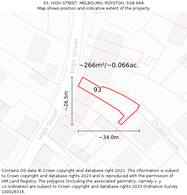 93, HIGH STREET, MELBOURN, ROYSTON, SG8 6AA: Plot and title map