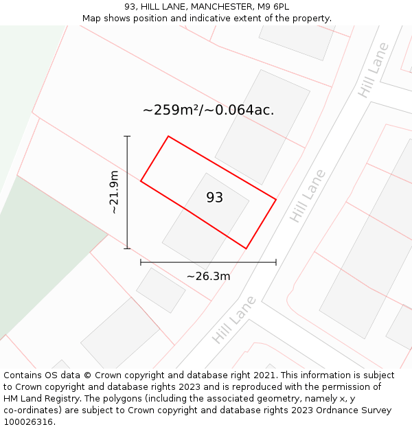 93, HILL LANE, MANCHESTER, M9 6PL: Plot and title map