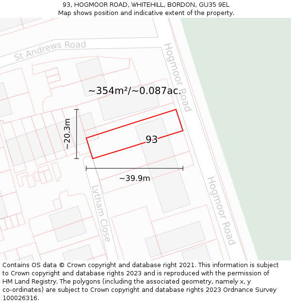 93, HOGMOOR ROAD, WHITEHILL, BORDON, GU35 9EL: Plot and title map