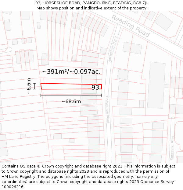 93, HORSESHOE ROAD, PANGBOURNE, READING, RG8 7JL: Plot and title map