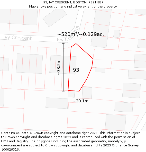 93, IVY CRESCENT, BOSTON, PE21 8BP: Plot and title map