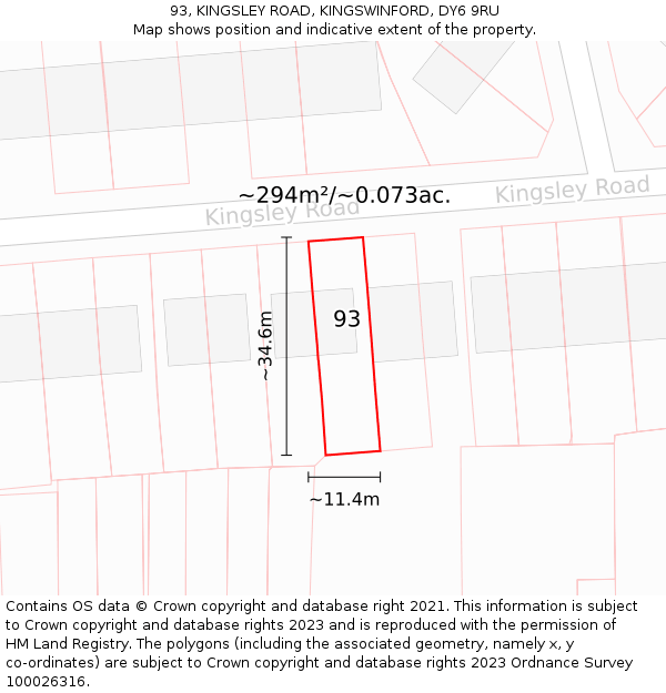 93, KINGSLEY ROAD, KINGSWINFORD, DY6 9RU: Plot and title map