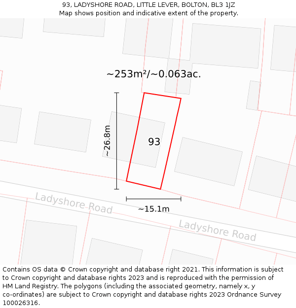 93, LADYSHORE ROAD, LITTLE LEVER, BOLTON, BL3 1JZ: Plot and title map