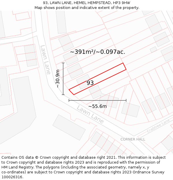 93, LAWN LANE, HEMEL HEMPSTEAD, HP3 9HW: Plot and title map