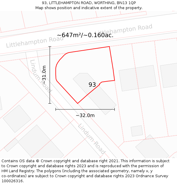 93, LITTLEHAMPTON ROAD, WORTHING, BN13 1QP: Plot and title map