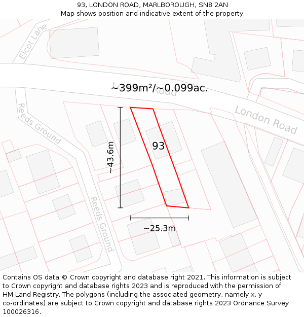 93, LONDON ROAD, MARLBOROUGH, SN8 2AN: Plot and title map