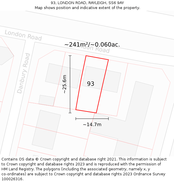 93, LONDON ROAD, RAYLEIGH, SS6 9AY: Plot and title map