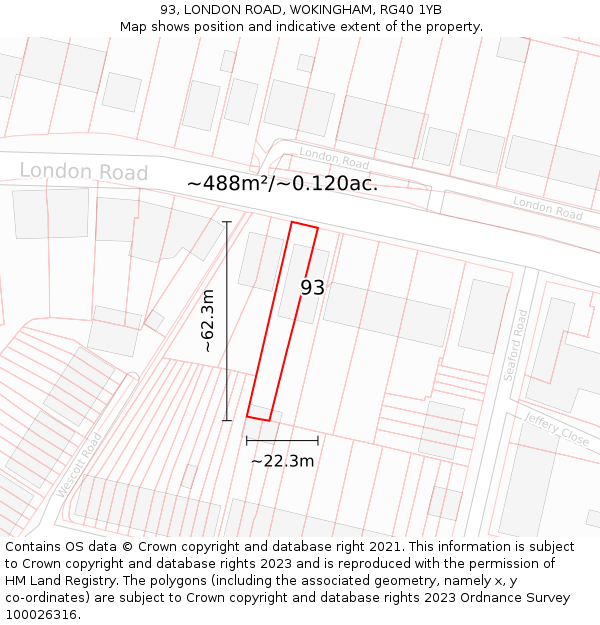 93, LONDON ROAD, WOKINGHAM, RG40 1YB: Plot and title map