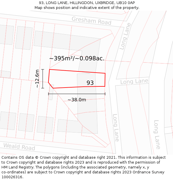 93, LONG LANE, HILLINGDON, UXBRIDGE, UB10 0AP: Plot and title map