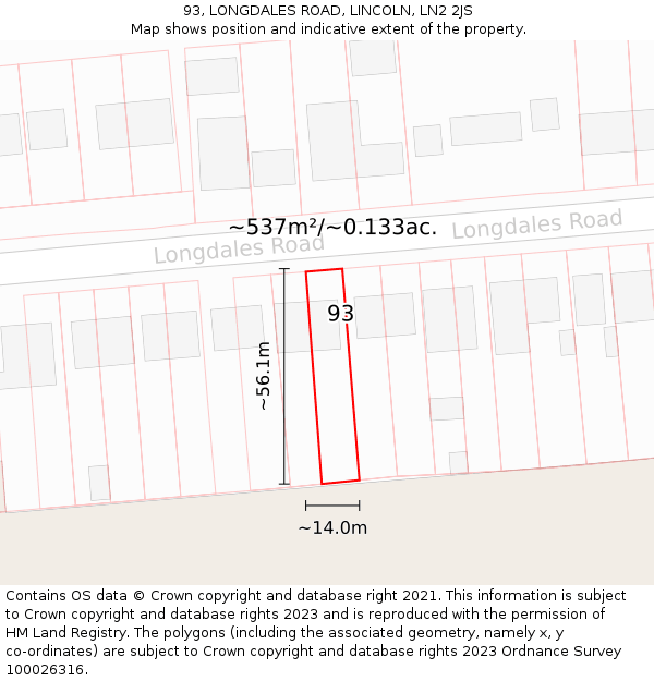 93, LONGDALES ROAD, LINCOLN, LN2 2JS: Plot and title map