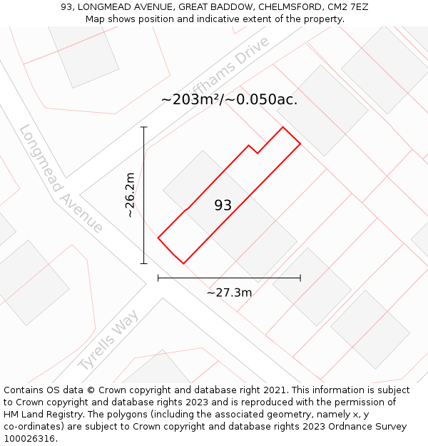 93, LONGMEAD AVENUE, GREAT BADDOW, CHELMSFORD, CM2 7EZ: Plot and title map