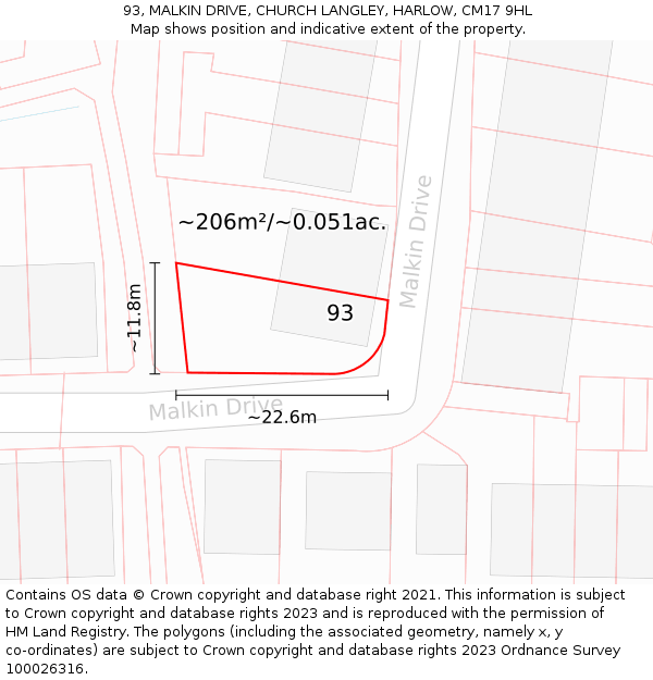 93, MALKIN DRIVE, CHURCH LANGLEY, HARLOW, CM17 9HL: Plot and title map