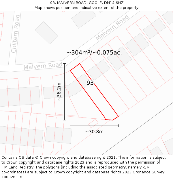 93, MALVERN ROAD, GOOLE, DN14 6HZ: Plot and title map