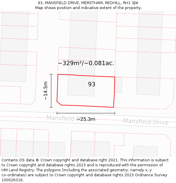 93, MANSFIELD DRIVE, MERSTHAM, REDHILL, RH1 3JW: Plot and title map