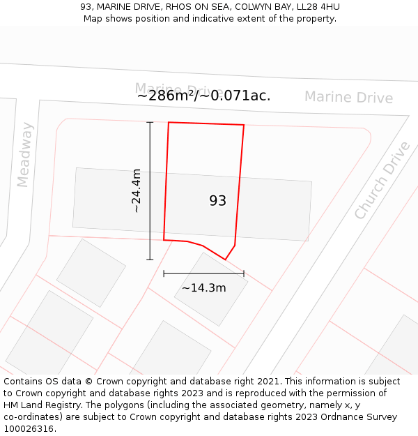 93, MARINE DRIVE, RHOS ON SEA, COLWYN BAY, LL28 4HU: Plot and title map