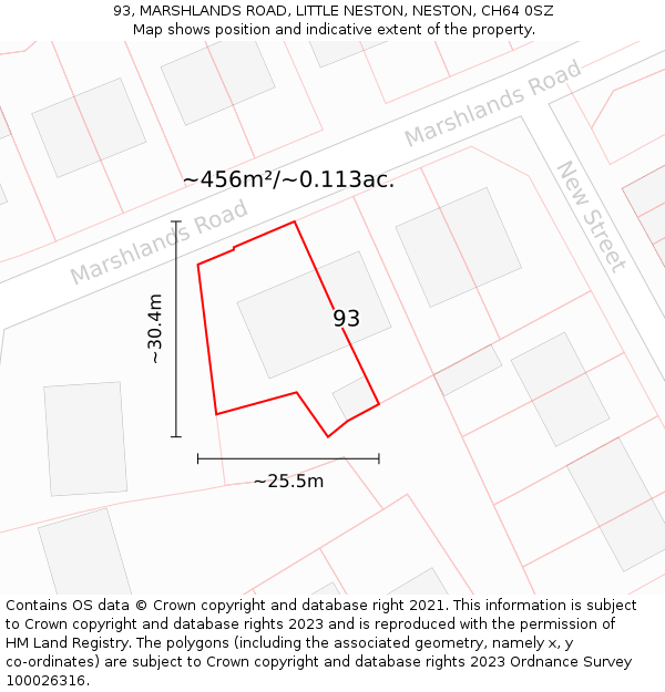 93, MARSHLANDS ROAD, LITTLE NESTON, NESTON, CH64 0SZ: Plot and title map