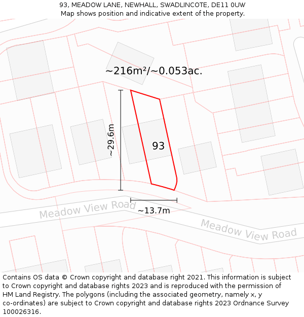 93, MEADOW LANE, NEWHALL, SWADLINCOTE, DE11 0UW: Plot and title map