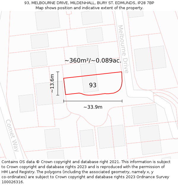 93, MELBOURNE DRIVE, MILDENHALL, BURY ST. EDMUNDS, IP28 7BP: Plot and title map