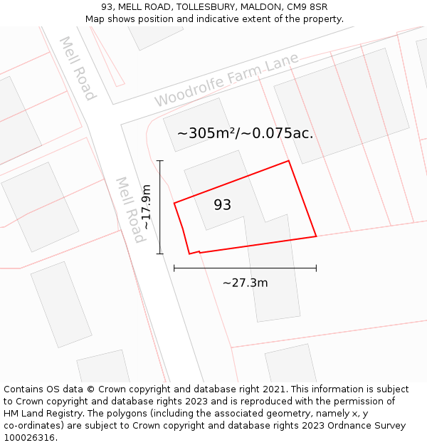 93, MELL ROAD, TOLLESBURY, MALDON, CM9 8SR: Plot and title map