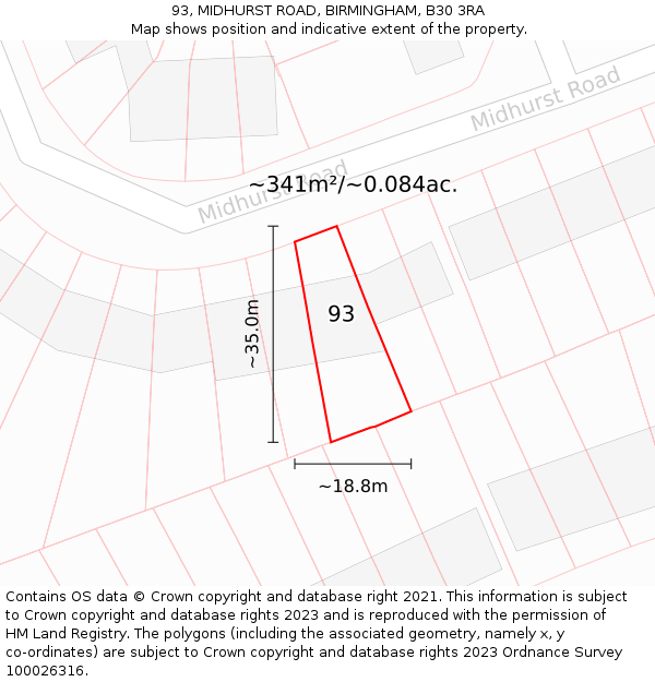 93, MIDHURST ROAD, BIRMINGHAM, B30 3RA: Plot and title map