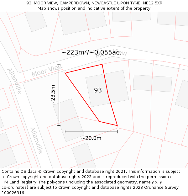 93, MOOR VIEW, CAMPERDOWN, NEWCASTLE UPON TYNE, NE12 5XR: Plot and title map