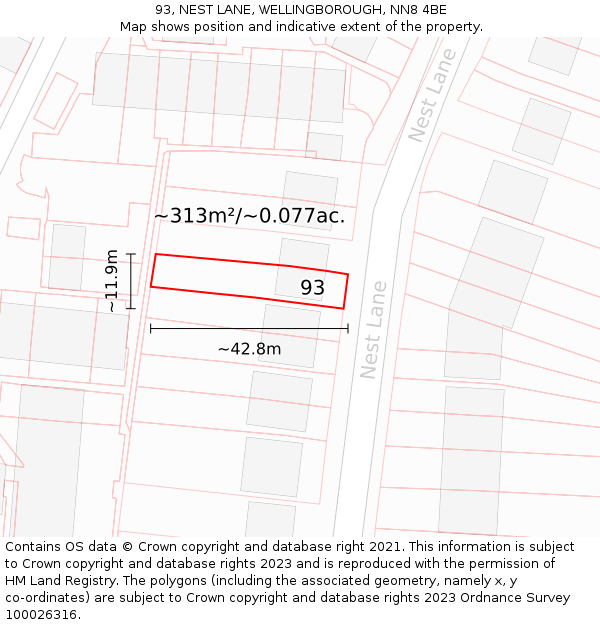 93, NEST LANE, WELLINGBOROUGH, NN8 4BE: Plot and title map