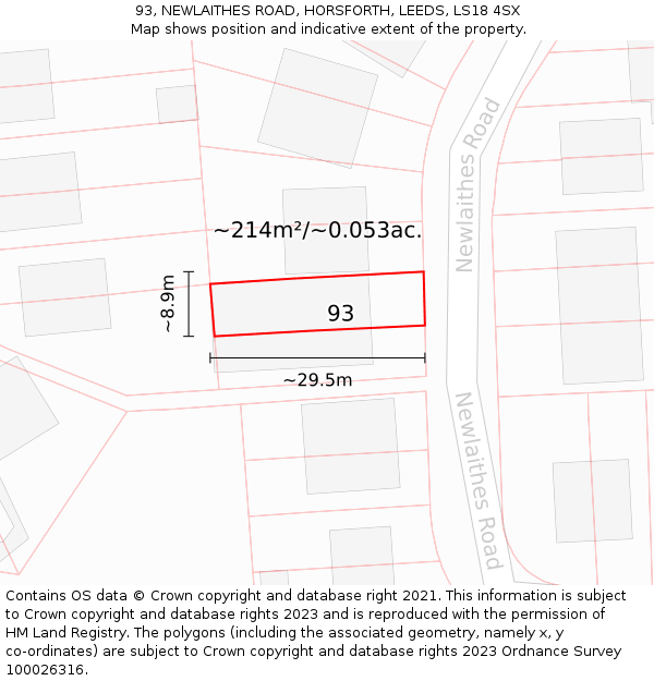 93, NEWLAITHES ROAD, HORSFORTH, LEEDS, LS18 4SX: Plot and title map