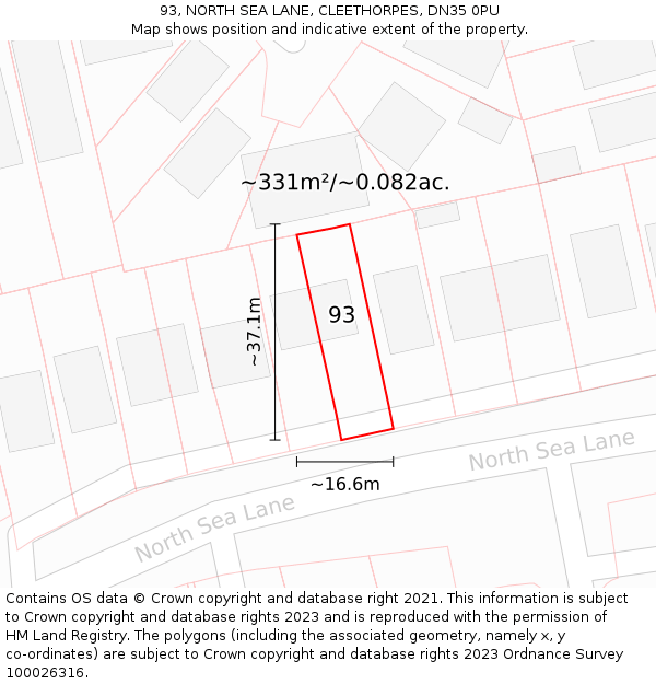 93, NORTH SEA LANE, CLEETHORPES, DN35 0PU: Plot and title map