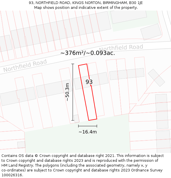 93, NORTHFIELD ROAD, KINGS NORTON, BIRMINGHAM, B30 1JE: Plot and title map