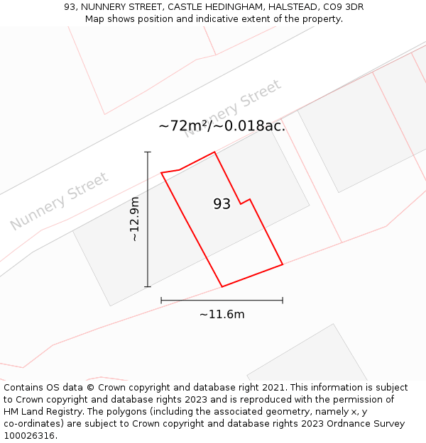 93, NUNNERY STREET, CASTLE HEDINGHAM, HALSTEAD, CO9 3DR: Plot and title map