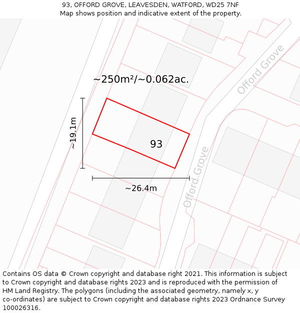 93, OFFORD GROVE, LEAVESDEN, WATFORD, WD25 7NF: Plot and title map